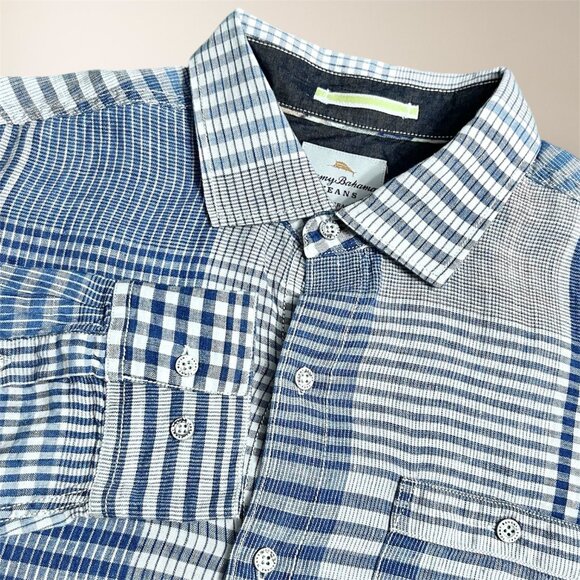 Tommy Bahama Men's L Blue Plaid Linen Patchwork Button Up Shirt Coastal Island - Picture 1 of 8